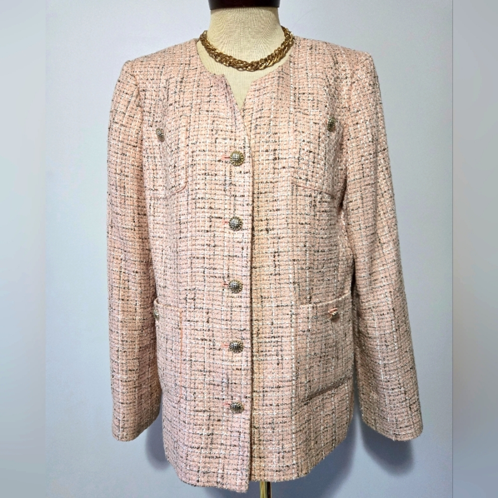 KARL LAGERFELD NEW Tweed Light Pink and Black Knit Jacket - Size 14